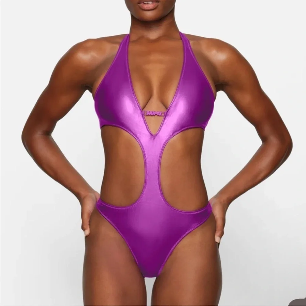 💜SKIMS  (C4) METALLIC SWIM MONOKINI SWIMSUIT IN DRAGON FRUIT 2X NWT